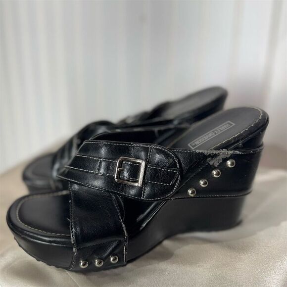 Harley-Davidson Black Wedge Slide Sandals 8.5M Studded Buckle Platform Biker Y2K - Picture 1 of 10